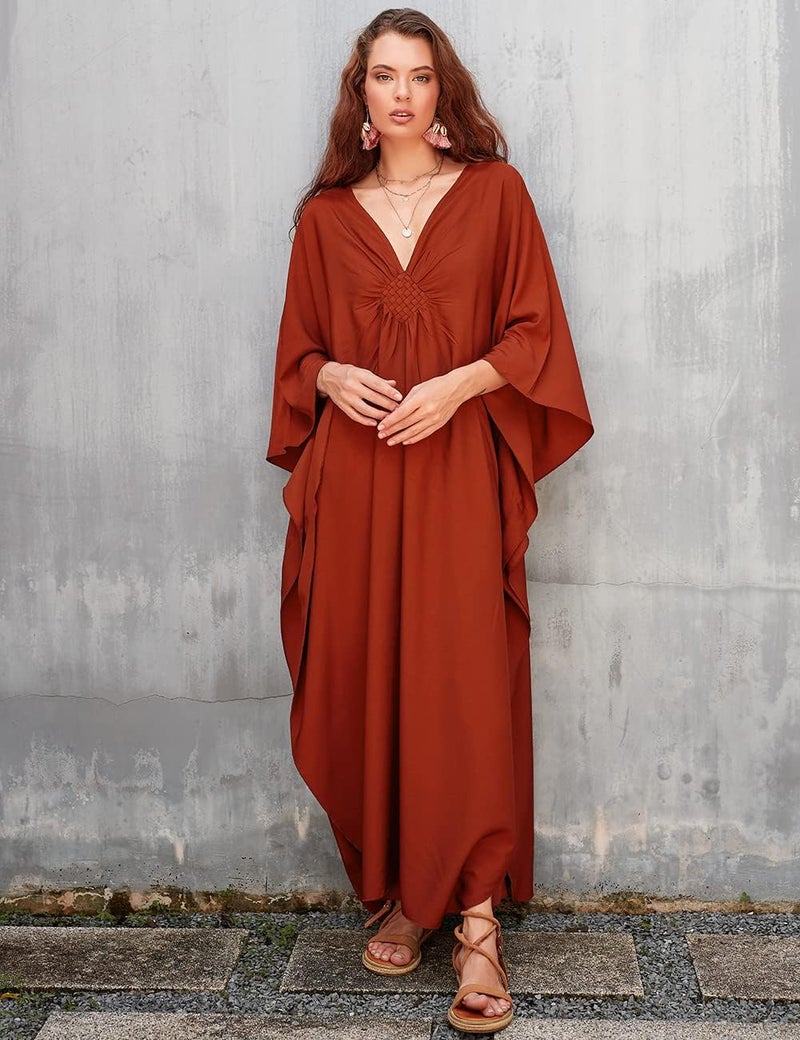 Bsubseach Women Solid Color Cover Up V Neck Batwing Sleeve Plus Size Beach Kaftan Dresses - Image 3